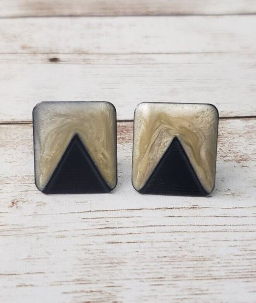 Vintage Clip On Earrings - Beige Rectangle with Black Triangle